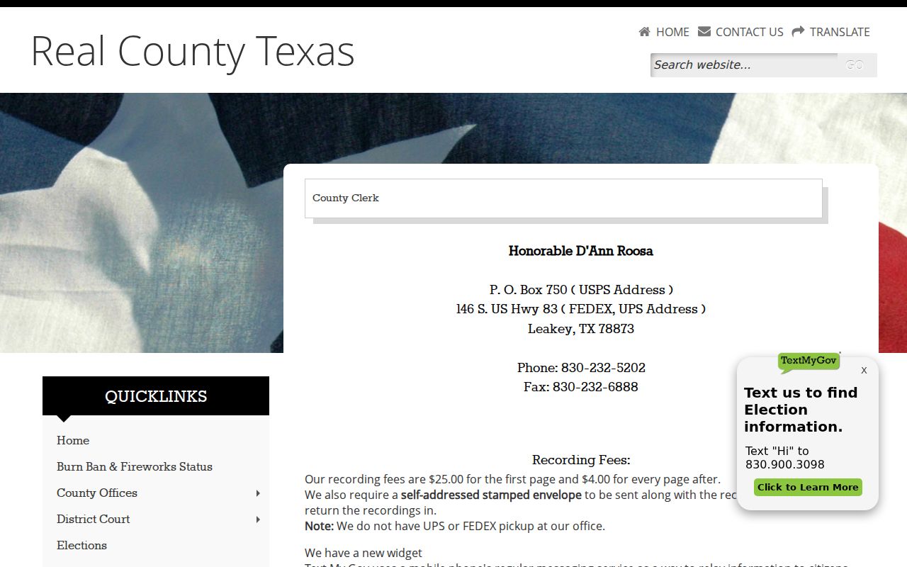Real County warrant records: combined County and District Clerk contact page
