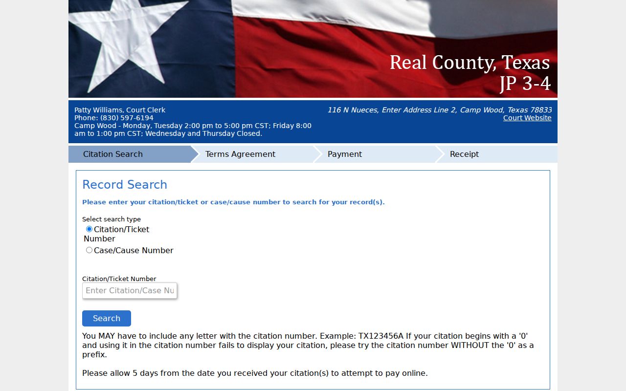 Real County bench warrant search: Camp Wood JP citation number portal