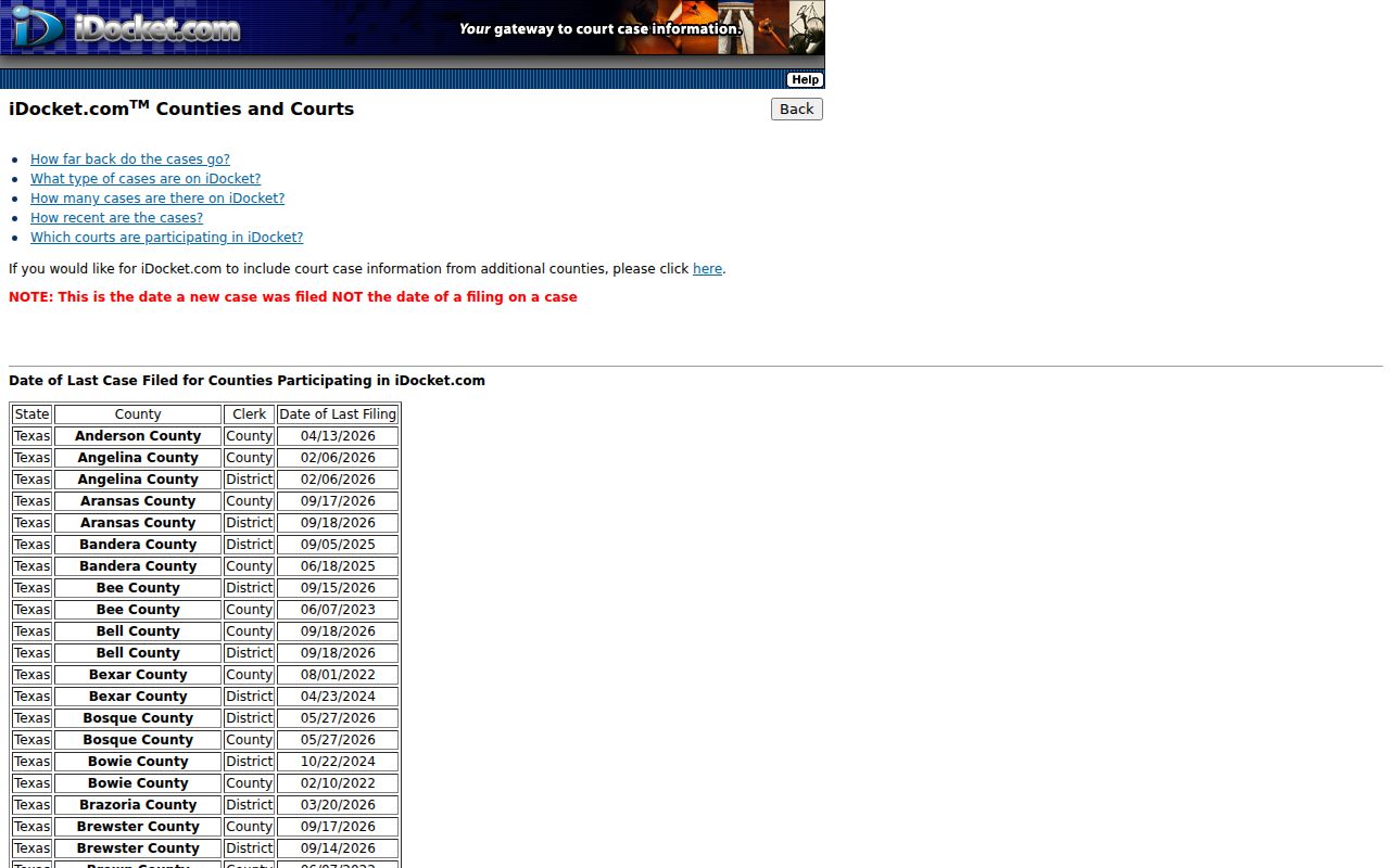 Real County bench warrant records: iDocket court filing date dashboard