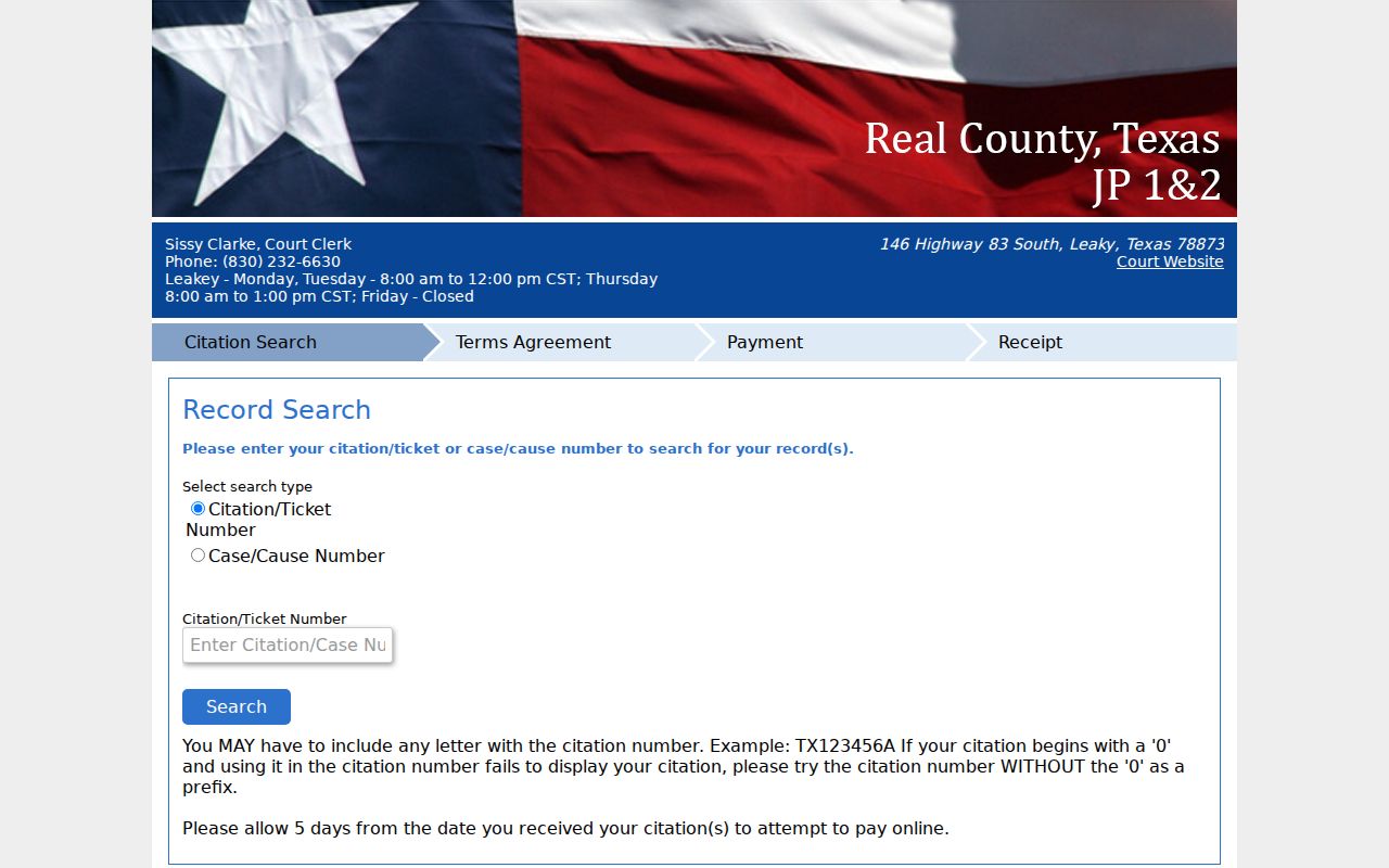 Real County bench warrant search: Leakey JP citation and payment portal