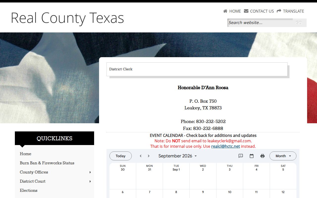 Real County warrant records: combined County and District Clerk contact information